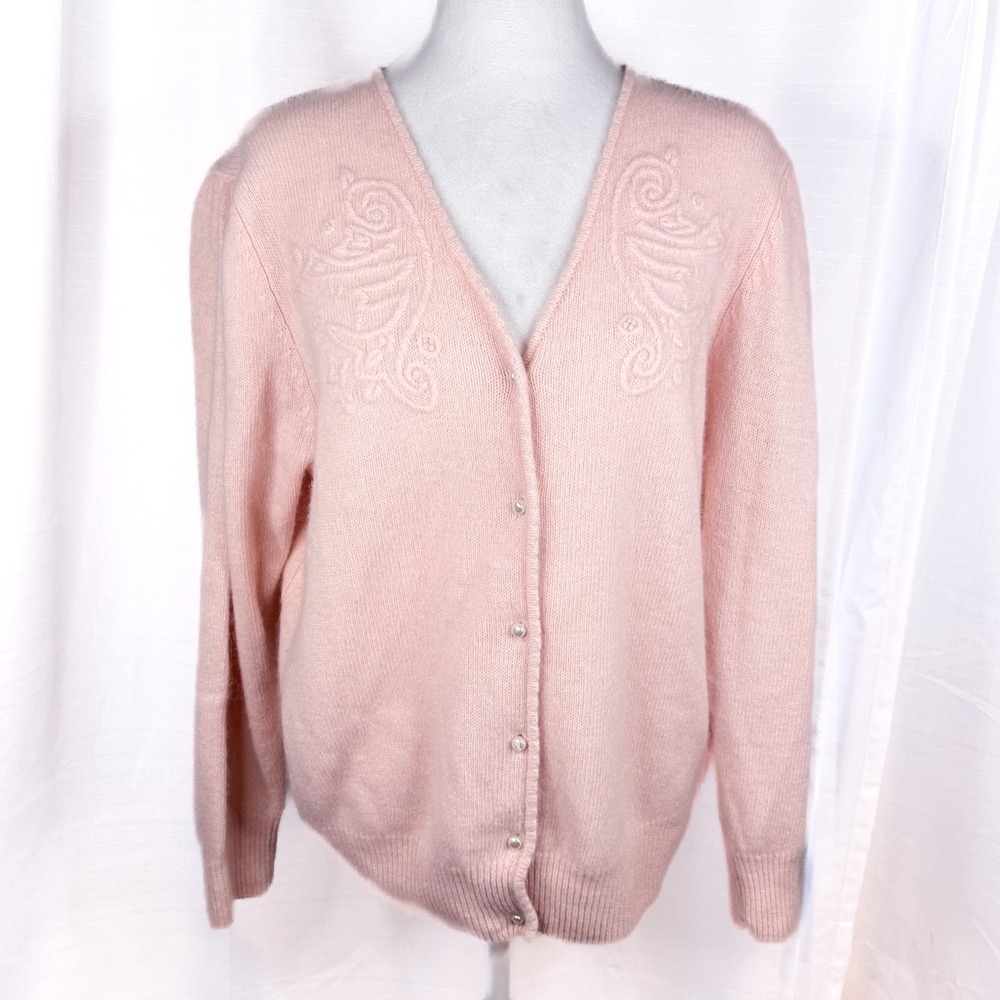 Vintage Jason Maxwell Cardigan Sweater Pink Angora Lambswool Embroidered M